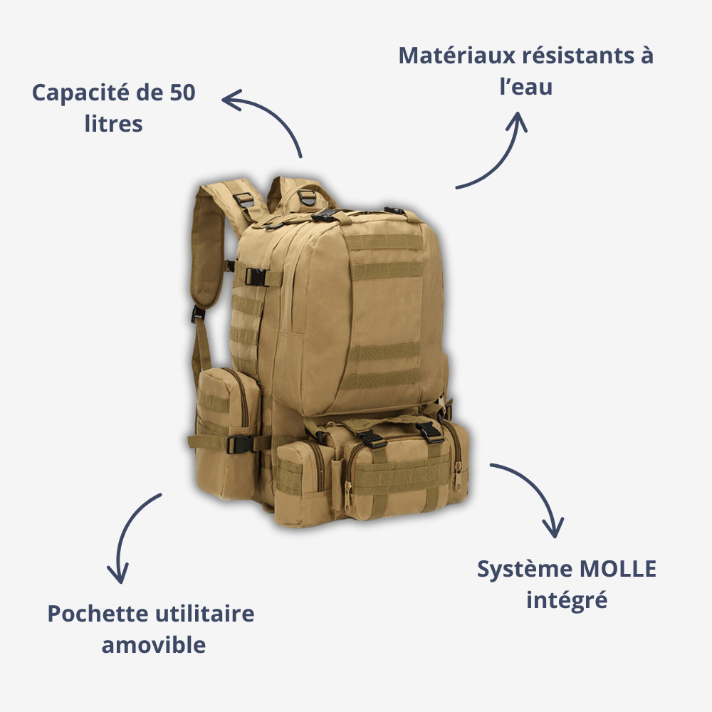 Sac à dos tactique 50L résistant à l’eau avec système MOLLE - Montevall