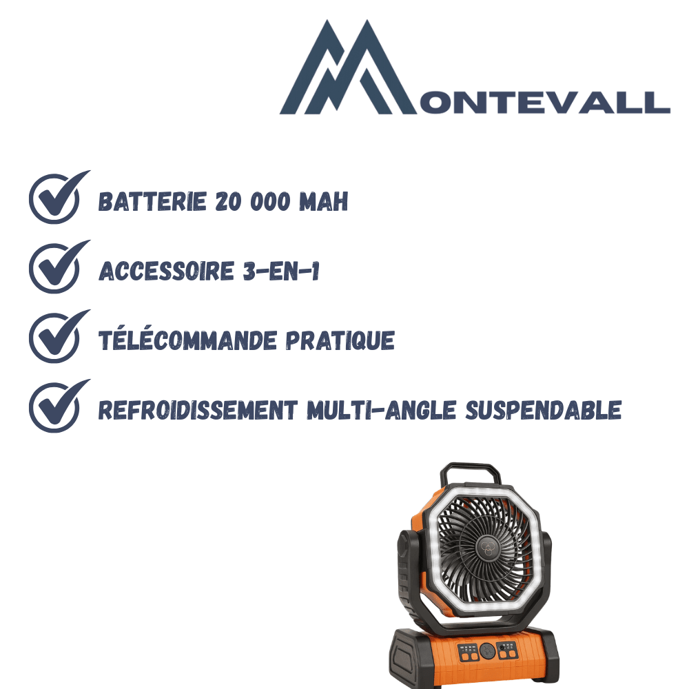 Ventilateur de camping rechargeable LED 3-en-1 | Montevall - Montevall